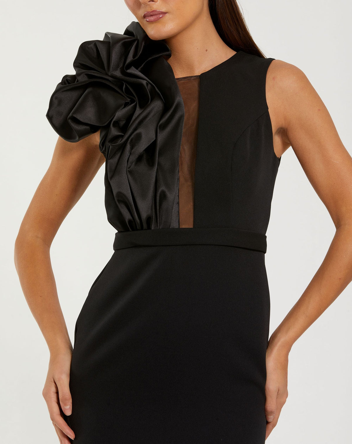 Mac Duggal Black High Neck Sleeveless Crepe Gown With Satin Ruffle