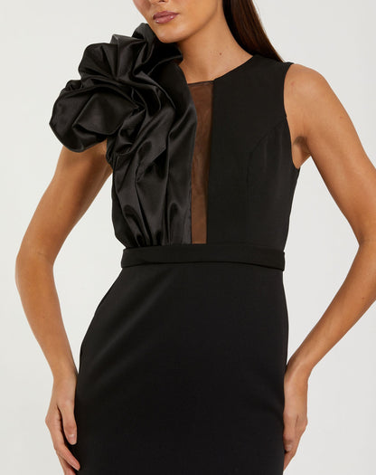 Mac Duggal Black High Neck Sleeveless Crepe Gown With Satin Ruffle