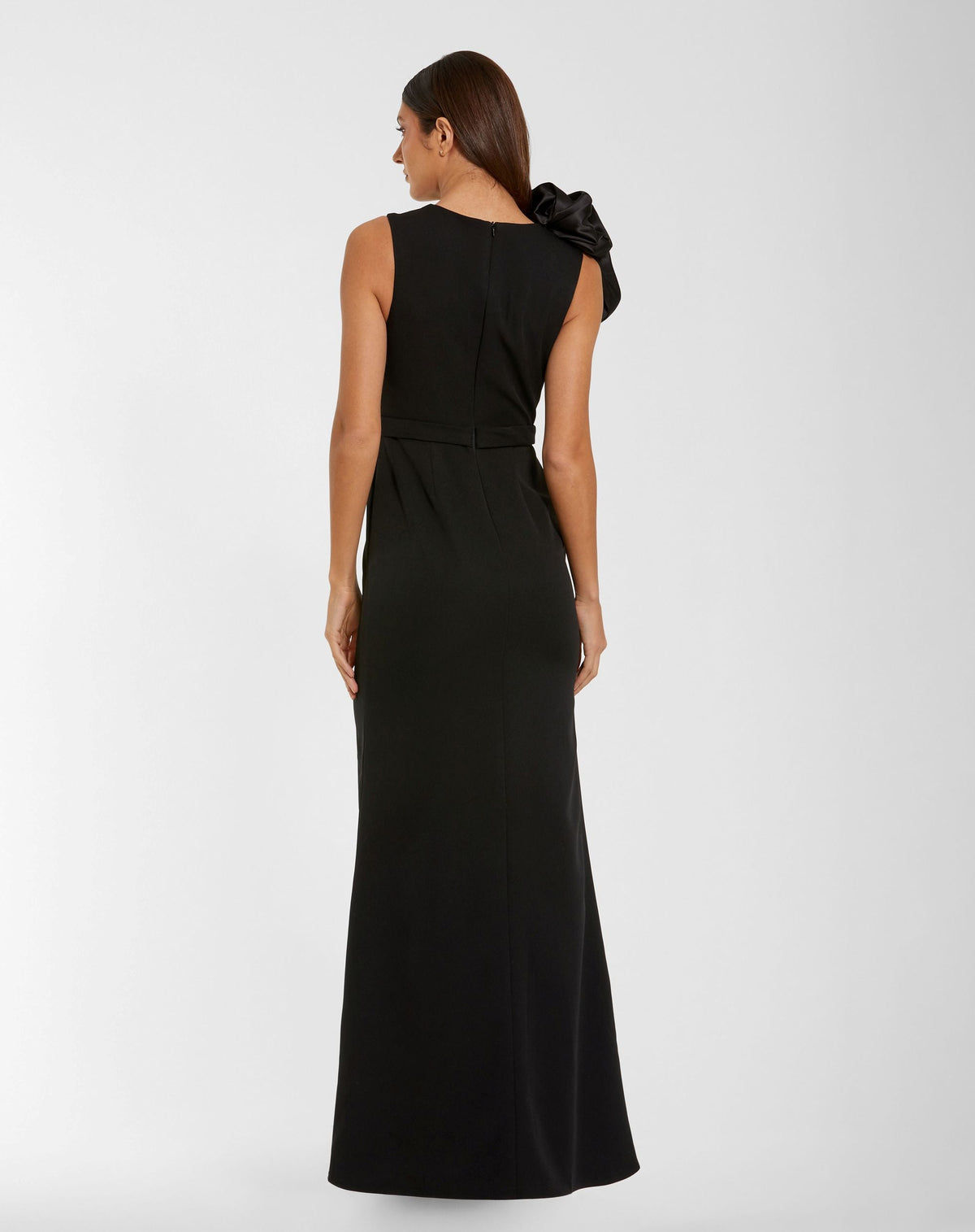 Mac Duggal Black High Neck Sleeveless Crepe Gown With Satin Ruffle
