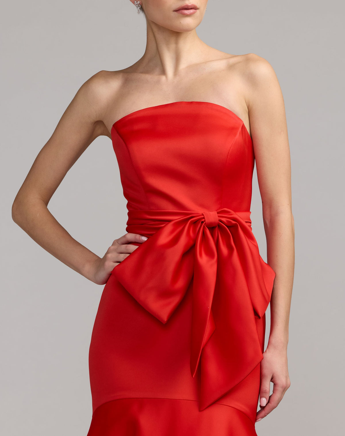 Mac Duggal Red Strapless Satin Mermaid Gown with Oversize Bow