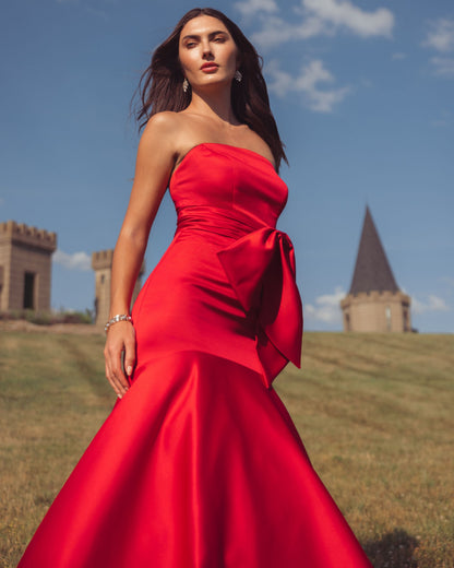 Mac Duggal Red Strapless Satin Mermaid Gown with Oversize Bow