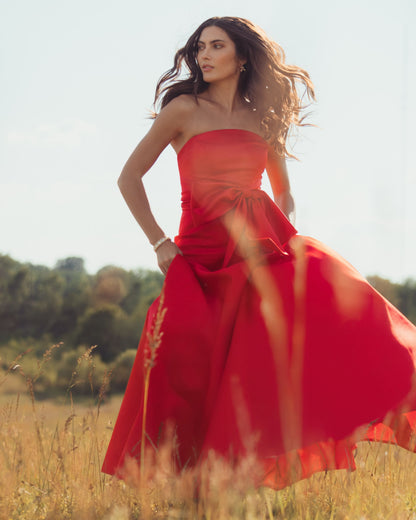 Mac Duggal Red Strapless Satin Mermaid Gown with Oversize Bow