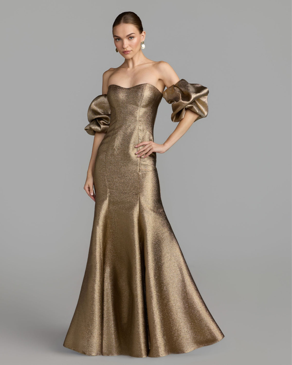 Mac Duggal Gold Brocade Off The Shoulder Puff Sleeve Gown