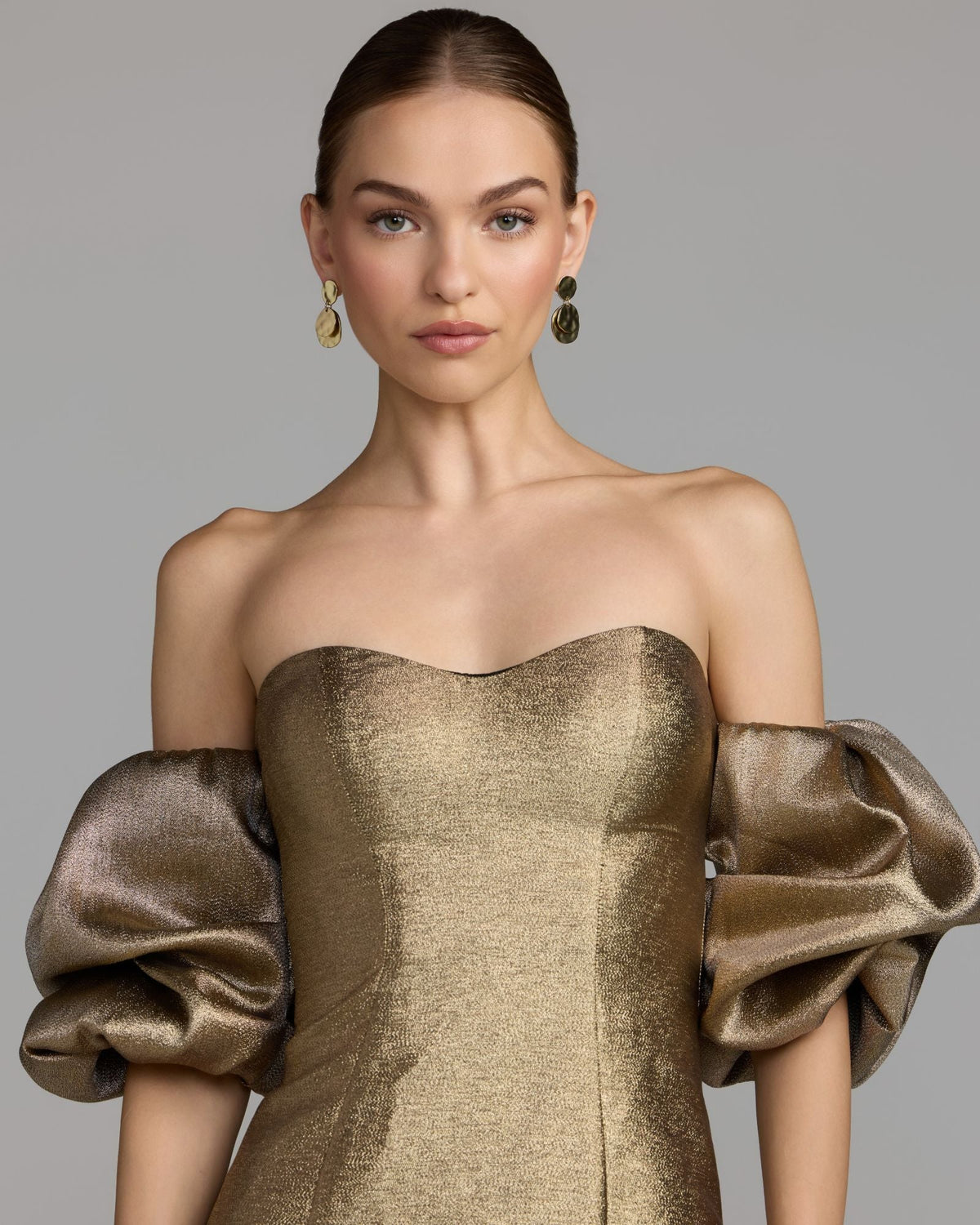 Mac Duggal Gold Brocade Off The Shoulder Puff Sleeve Gown