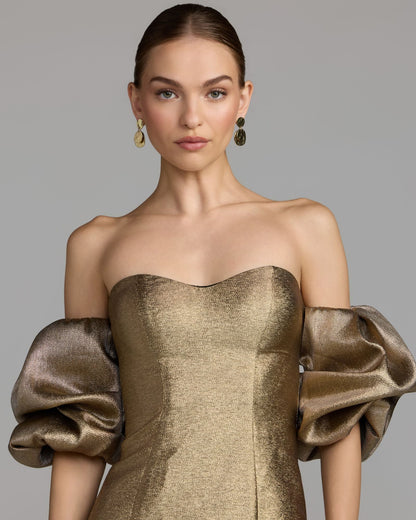 Mac Duggal Gold Brocade Off The Shoulder Puff Sleeve Gown