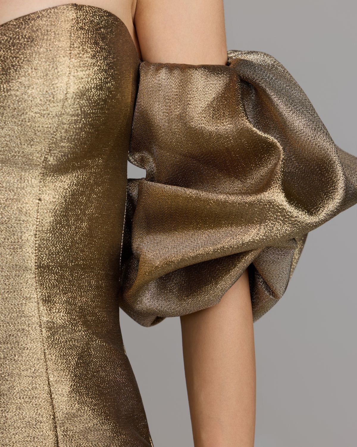 Mac Duggal Gold Brocade Off The Shoulder Puff Sleeve Gown