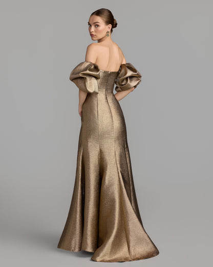 Mac Duggal Gold Brocade Off The Shoulder Puff Sleeve Gown