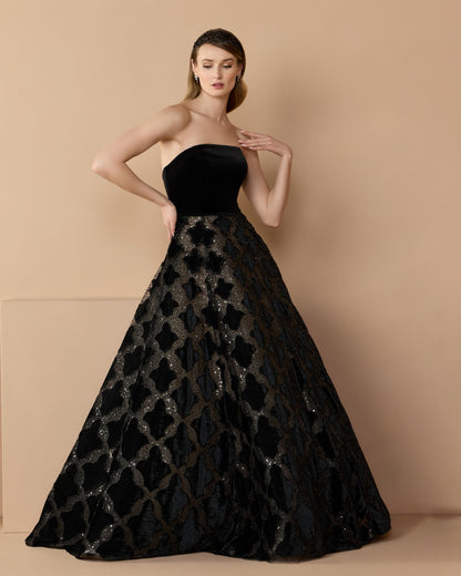 Mac Duggal Black Strapless Velvet Bodice Embellished Ball Gown