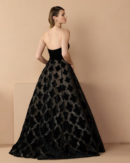 Mac Duggal Black Strapless Velvet Bodice Embellished Ball Gown
