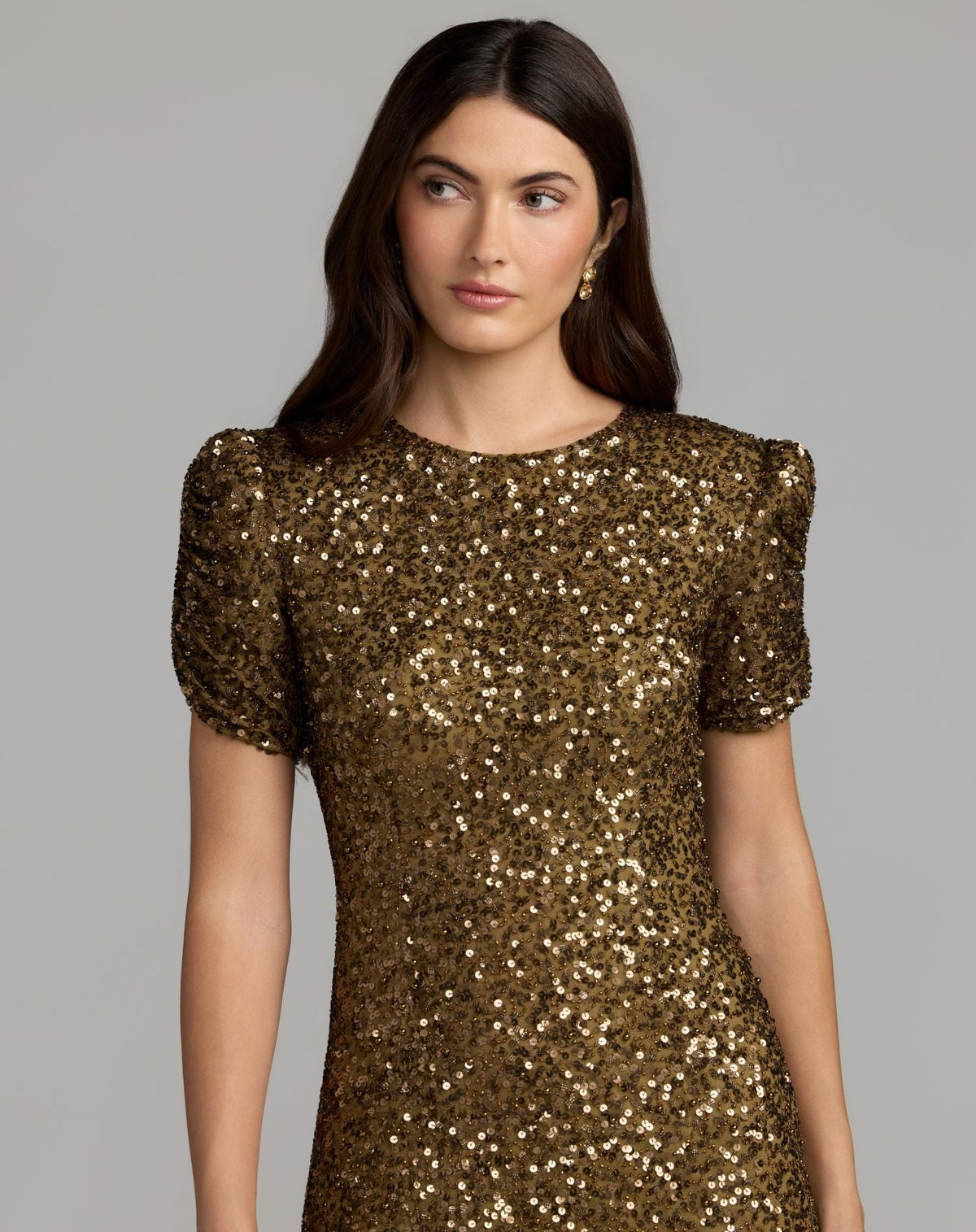 Mac Duggal Brown Gathered Short Sleeve Embellished Gown
