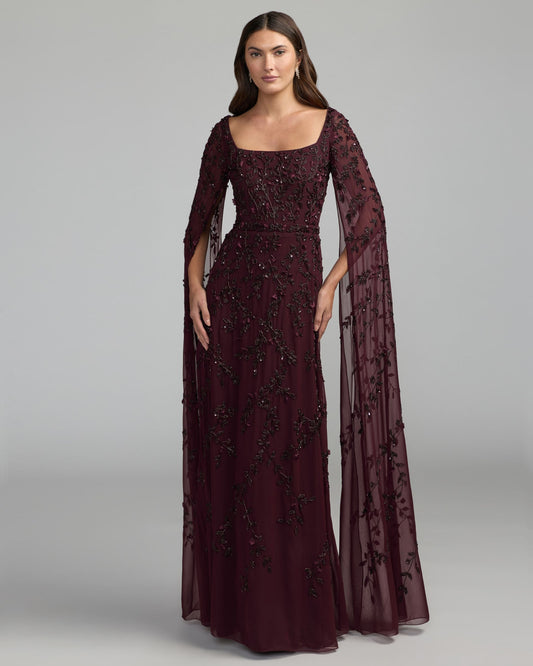 Mac Duggal Burgundy Floral Embellished Cape Sleeve Gown
