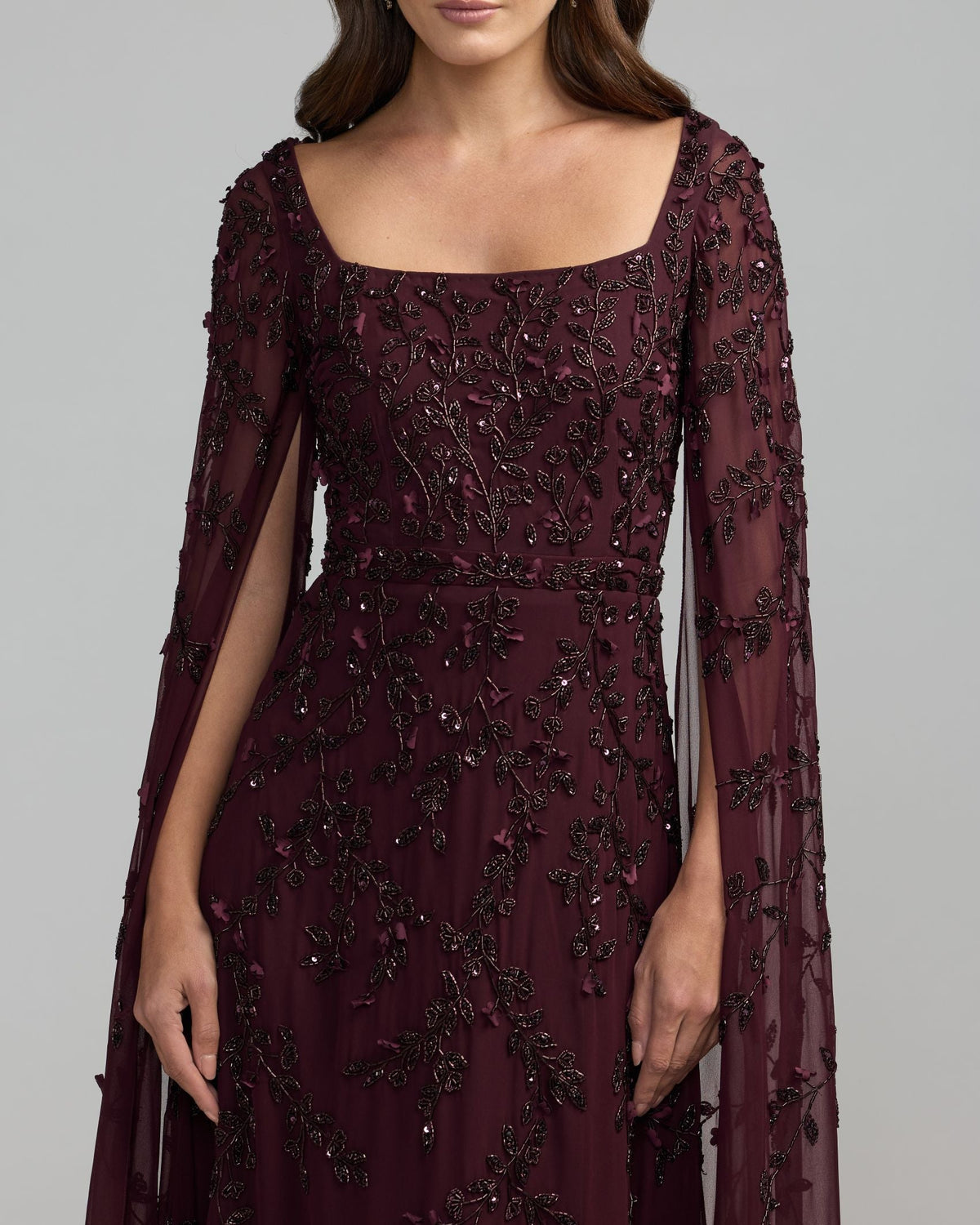Mac Duggal Burgundy Floral Embellished Cape Sleeve Gown