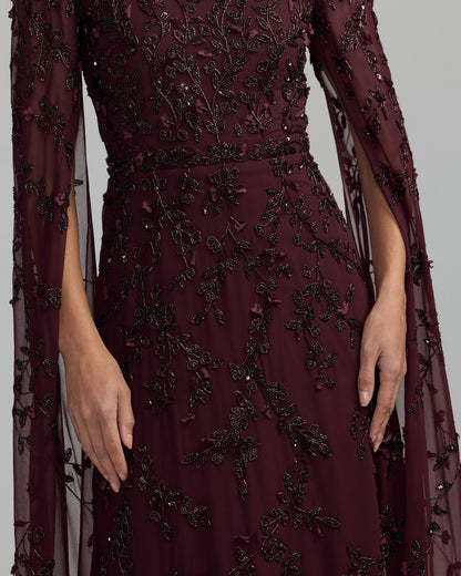 Mac Duggal Burgundy Floral Embellished Cape Sleeve Gown