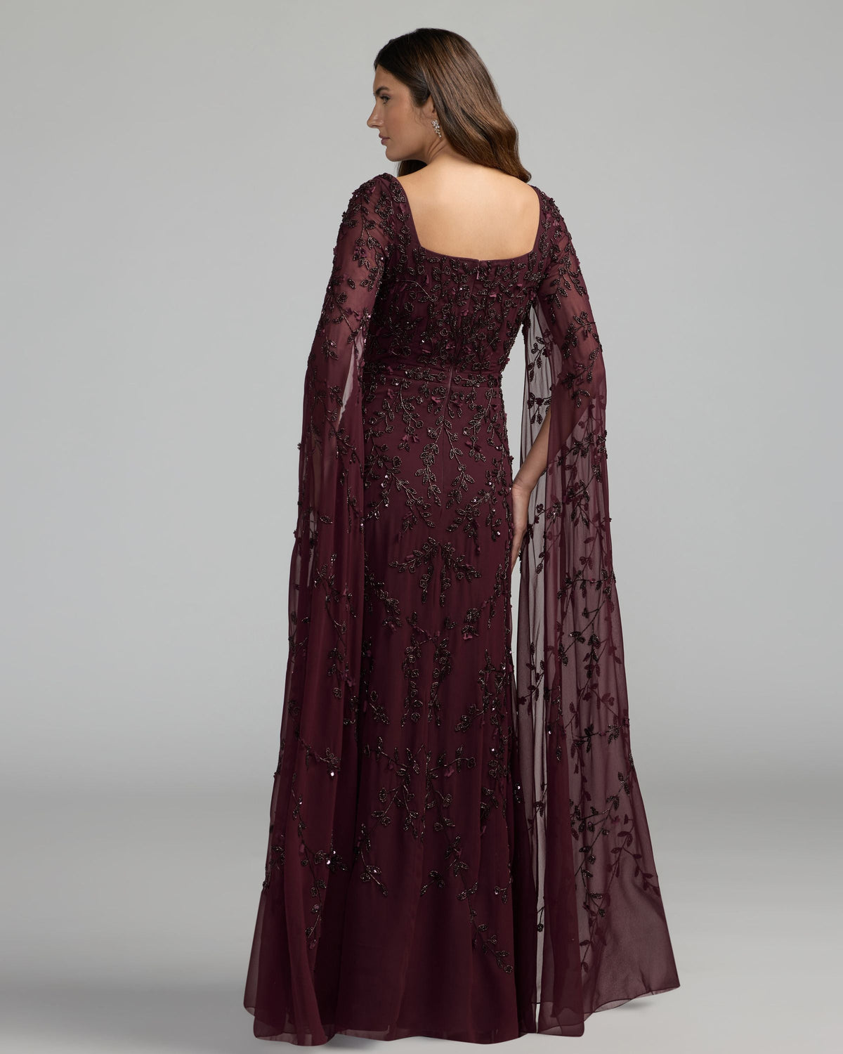 Mac Duggal Burgundy Floral Embellished Cape Sleeve Gown
