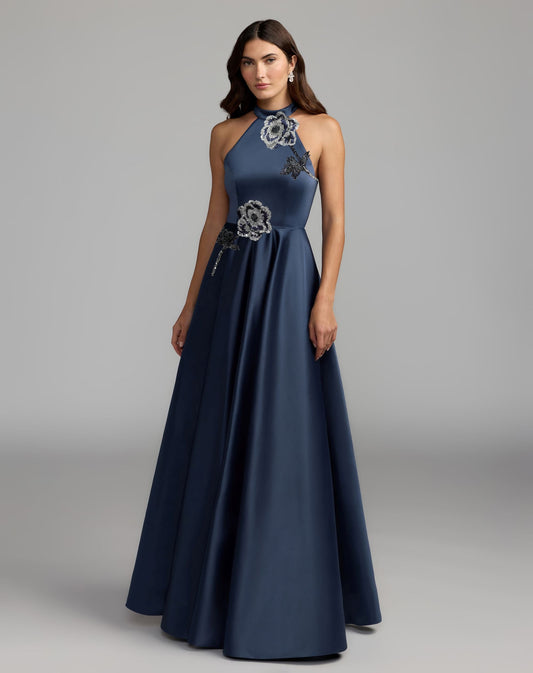 Mac Duggal Navy Floral Sequin Appliqué Halter Ball Gown