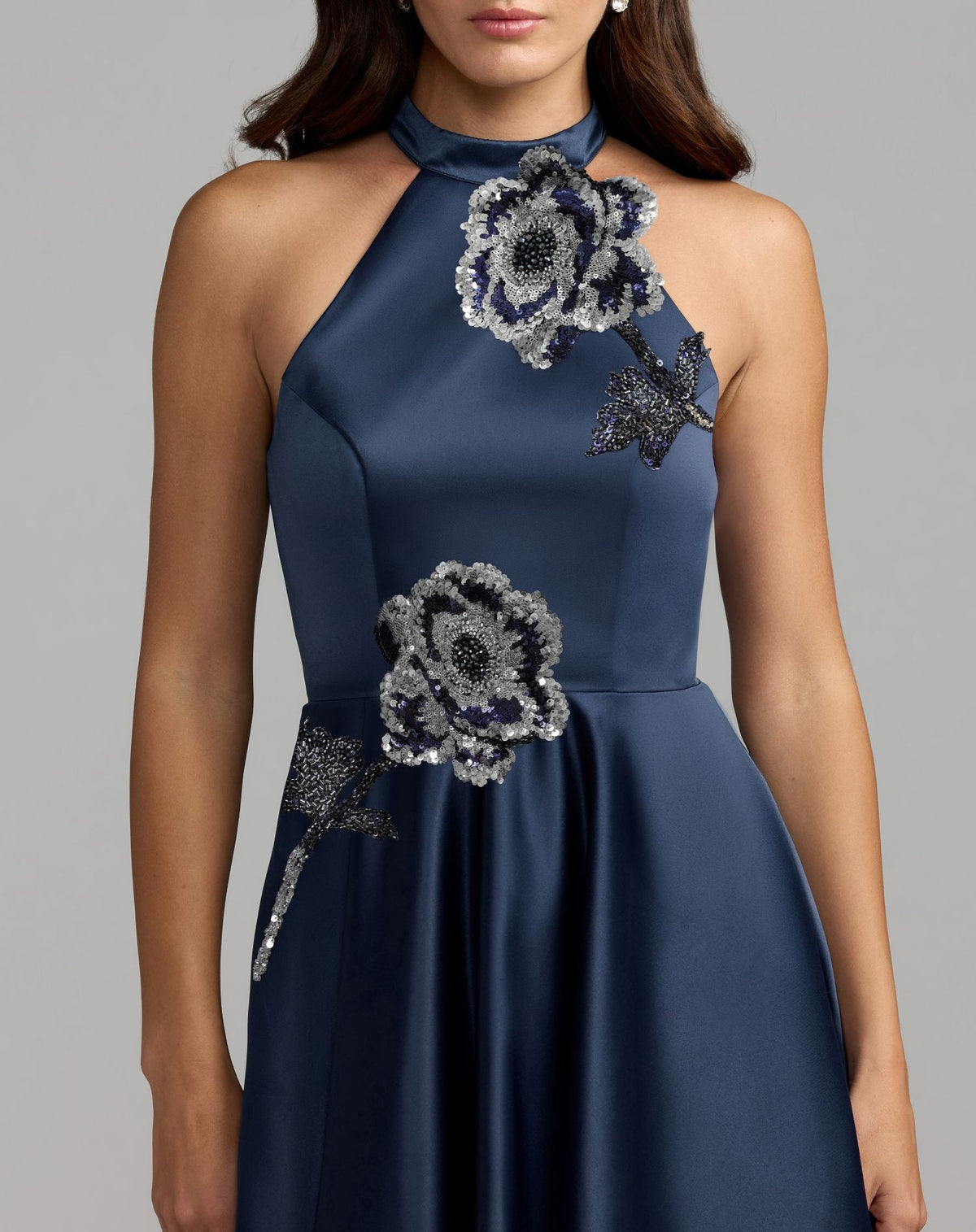 Mac Duggal Navy Floral Sequin Appliqué Halter Ball Gown