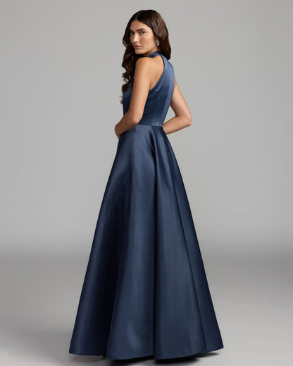 Mac Duggal Navy Floral Sequin Appliqué Halter Ball Gown