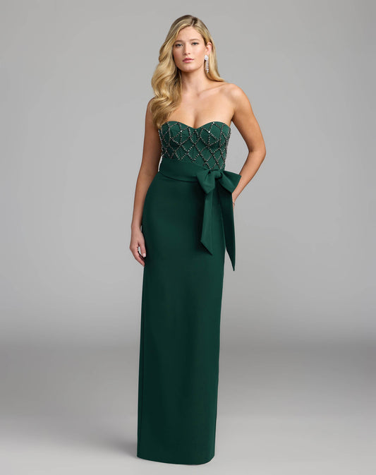 Mac Duggal Dark Green Strapless Embellished Crepe Gown With Bow
