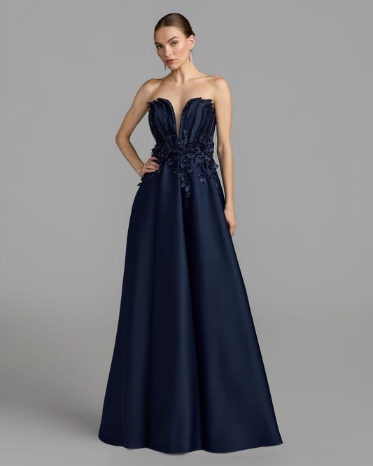 Mac Duggal Navy Strapless Satin Floral Embellished Ball Gown