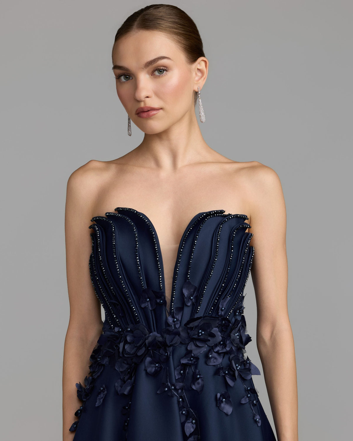 Mac Duggal Navy Strapless Satin Floral Embellished Ball Gown