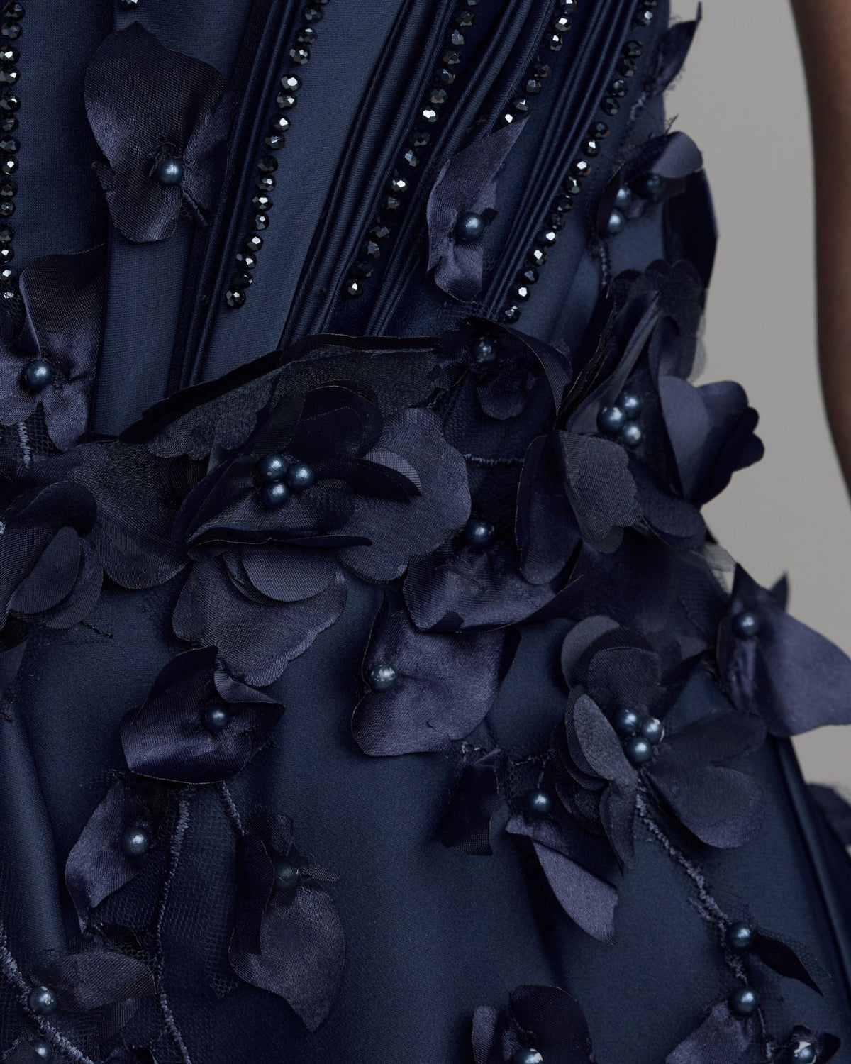 Mac Duggal Navy Strapless Satin Floral Embellished Ball Gown