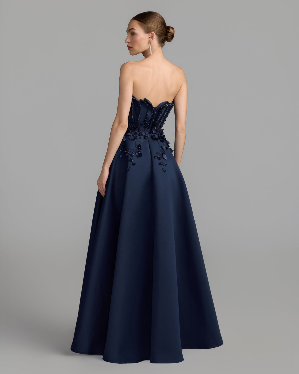 Mac Duggal Navy Strapless Satin Floral Embellished Ball Gown
