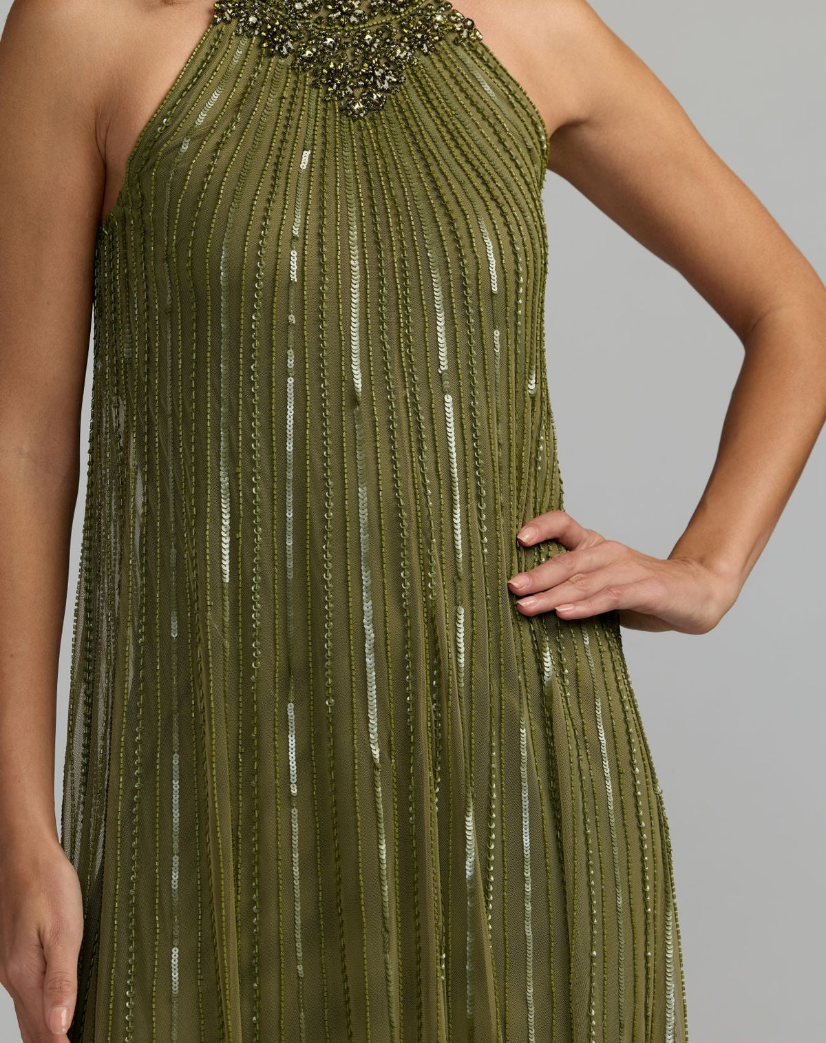 Mac Duggal Green Sleeveless Halter Neck Embellished Trapeze Gown