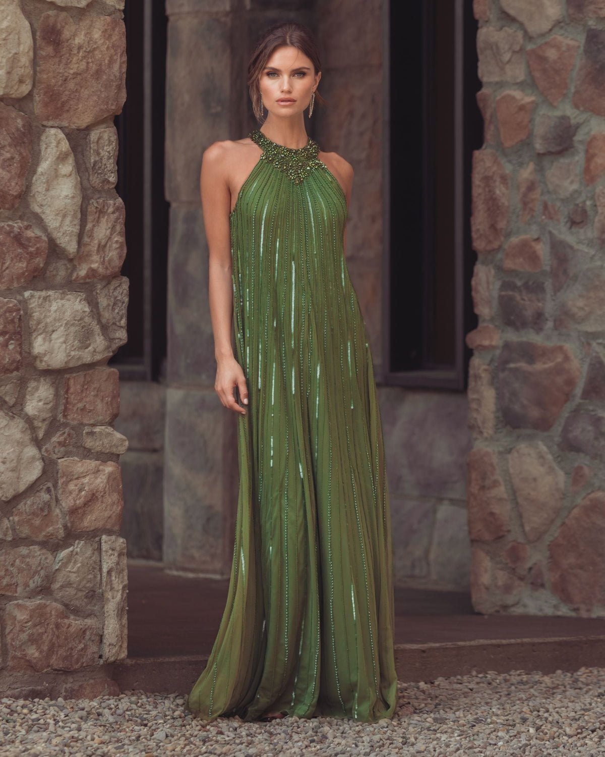 Mac Duggal Green Sleeveless Halter Neck Embellished Trapeze Gown