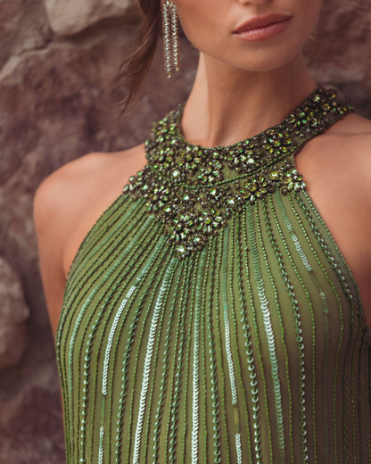 Mac Duggal Green Sleeveless Halter Neck Embellished Trapeze Gown