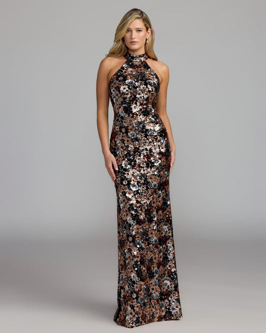 Mac Duggal Black Gold Floral Sequin Halter Gown