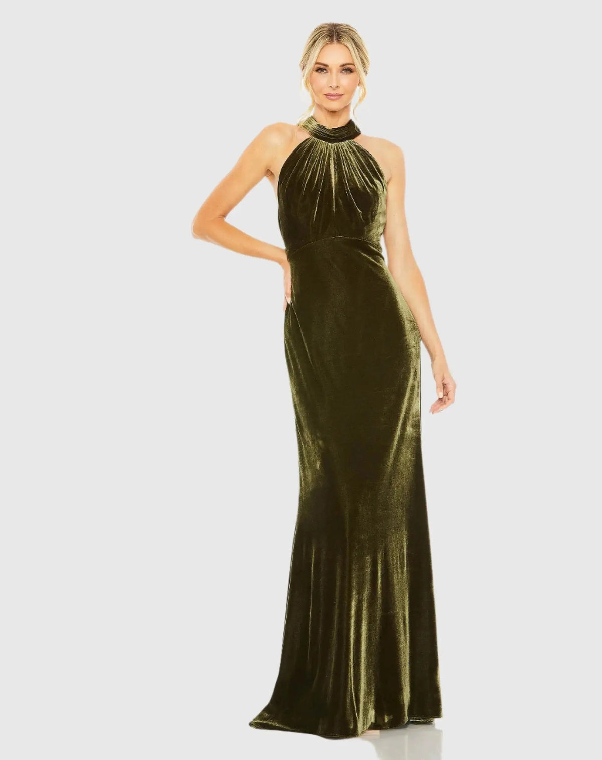 Mac Duggal Dark Green Velvet Halter Column Gown