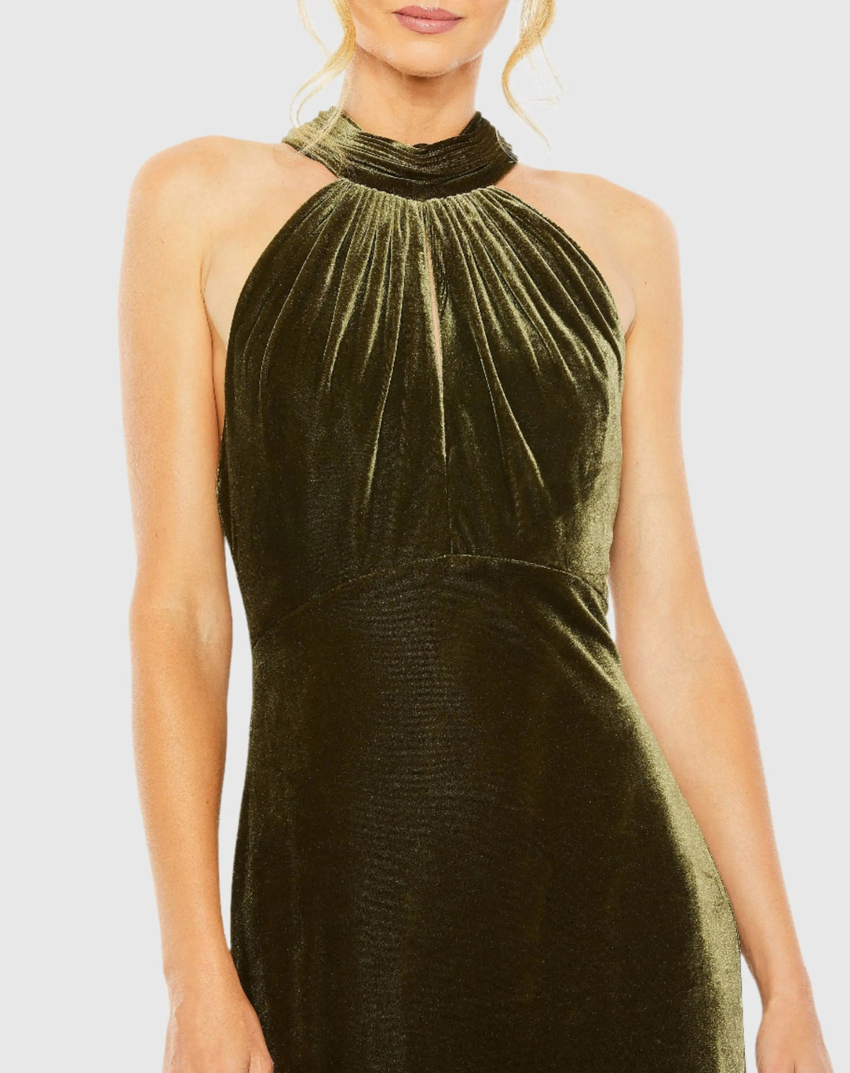Mac Duggal Dark Green Velvet Halter Column Gown