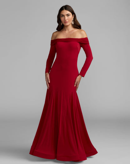 Mac Duggal Red Off The Shoulder Long Sleeve Trumpet Gown