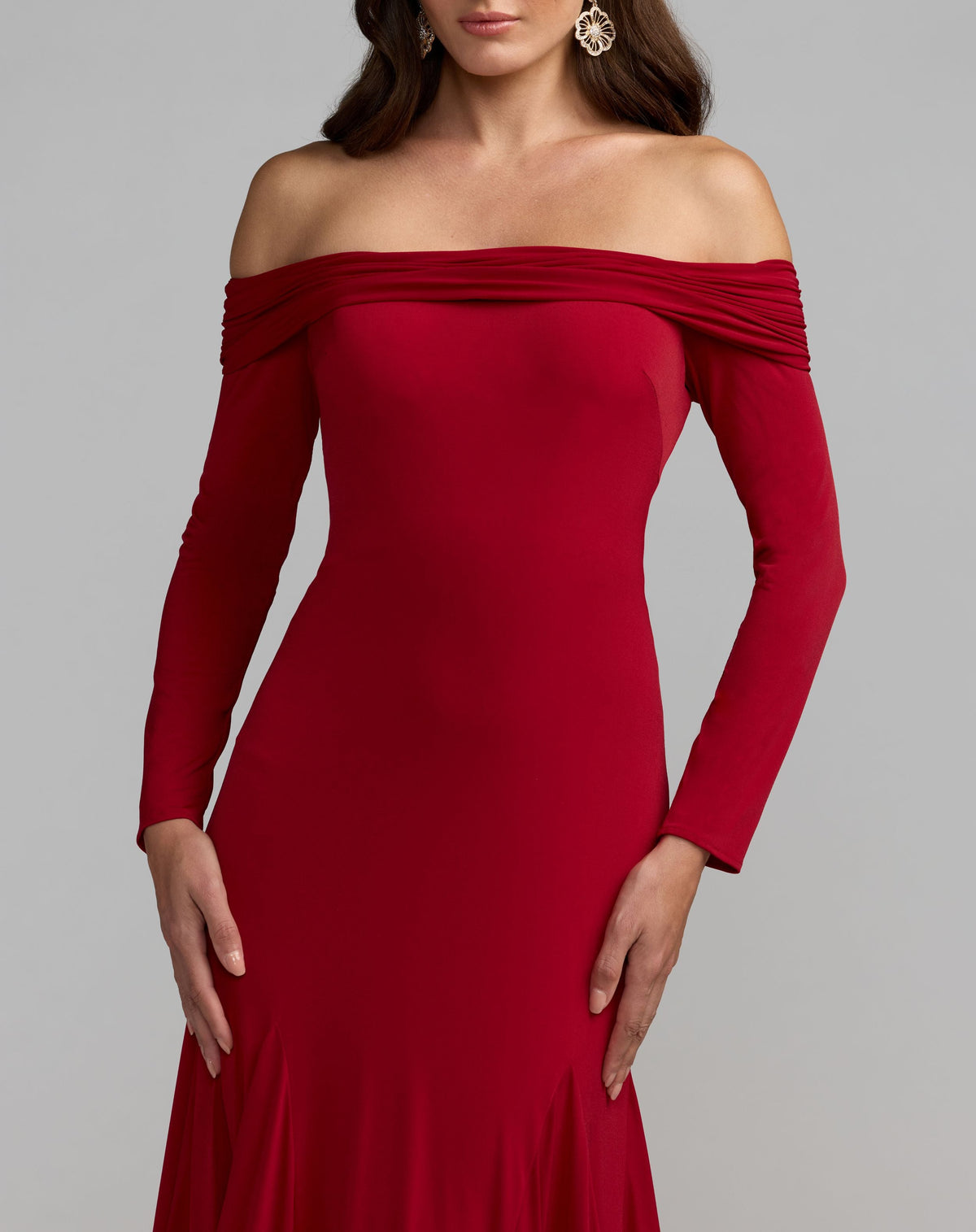 Mac Duggal Red Off The Shoulder Long Sleeve Trumpet Gown