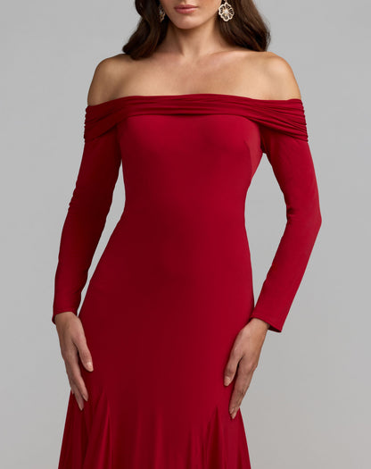 Mac Duggal Red Off The Shoulder Long Sleeve Trumpet Gown