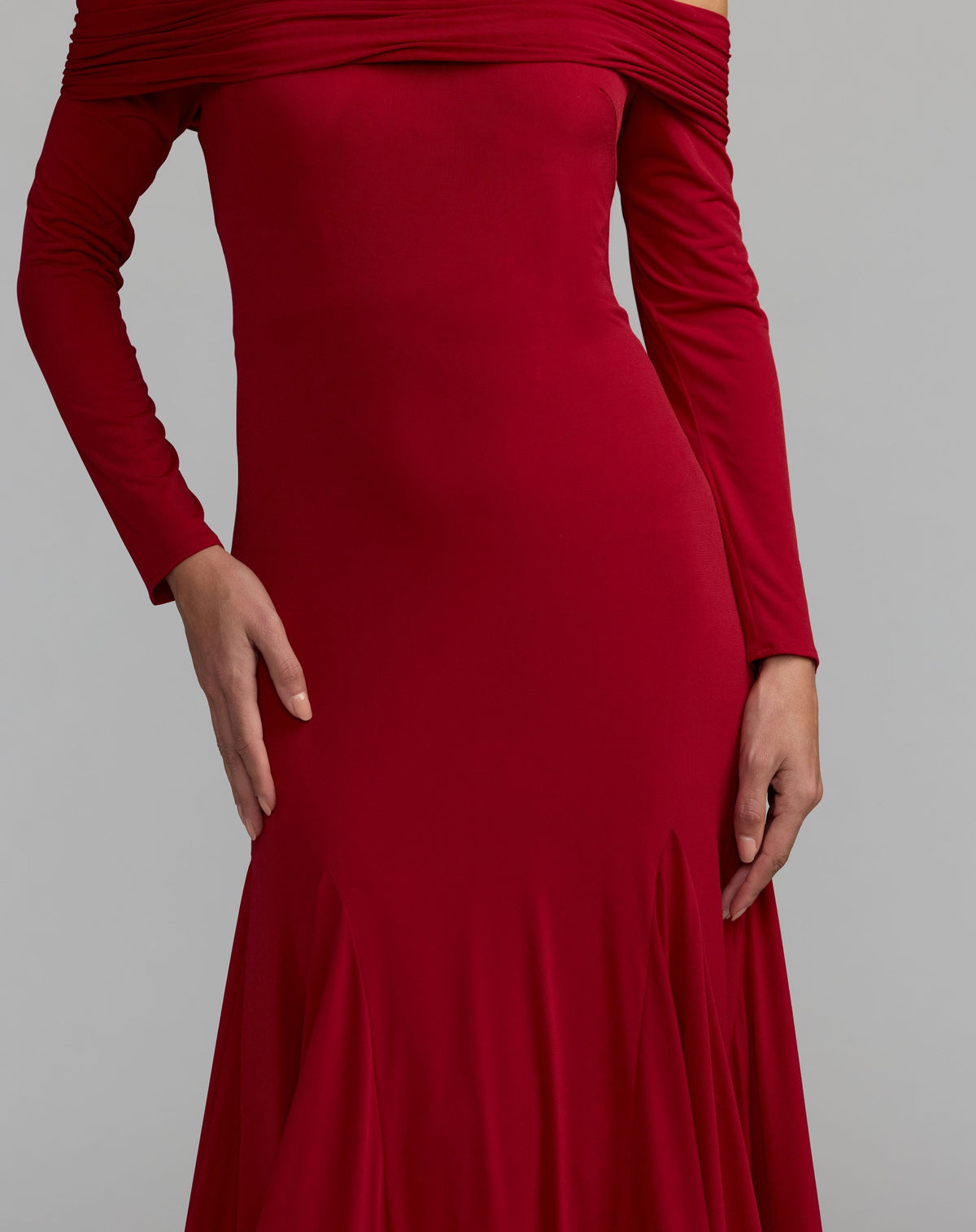 Mac Duggal Red Off The Shoulder Long Sleeve Trumpet Gown
