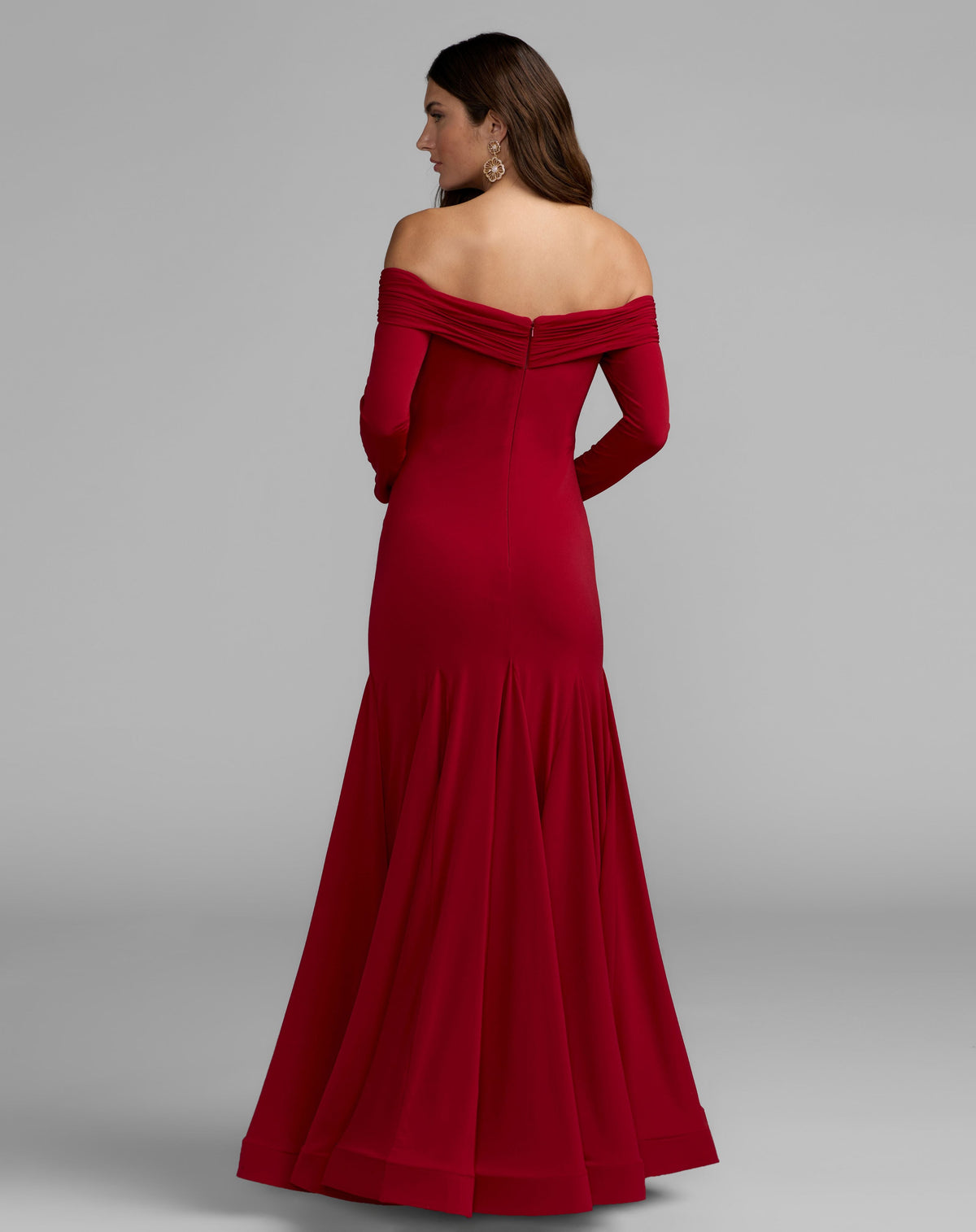 Mac Duggal Red Off The Shoulder Long Sleeve Trumpet Gown