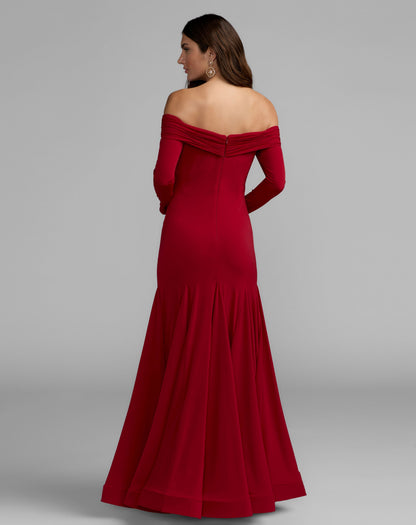 Mac Duggal Red Off The Shoulder Long Sleeve Trumpet Gown