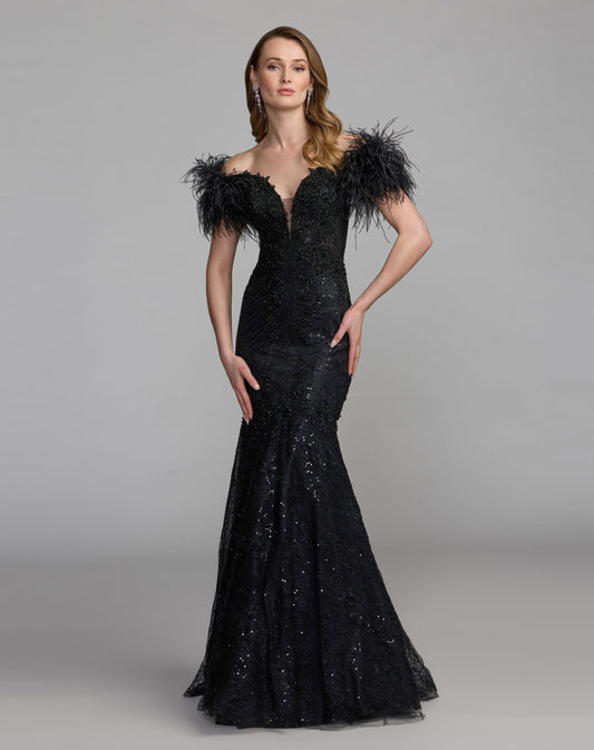 Mac Duggal Black Beaded Lace Mermaid Gown With Feathers