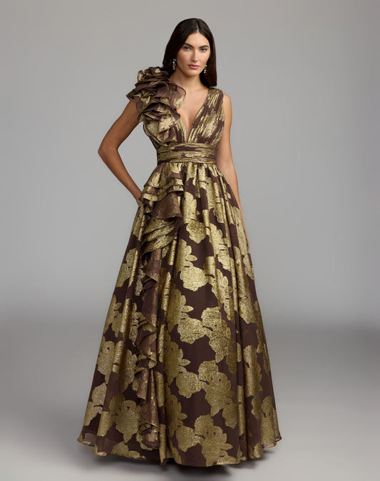 Mac Duggal Brown Metallic V-Neck Ruffle Detail Ball Gown