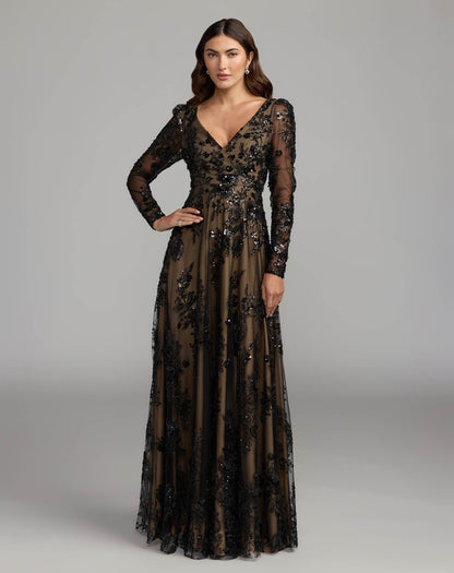 Mac Duggal Black Embroidered Long Sleeve V-Neck Gown
