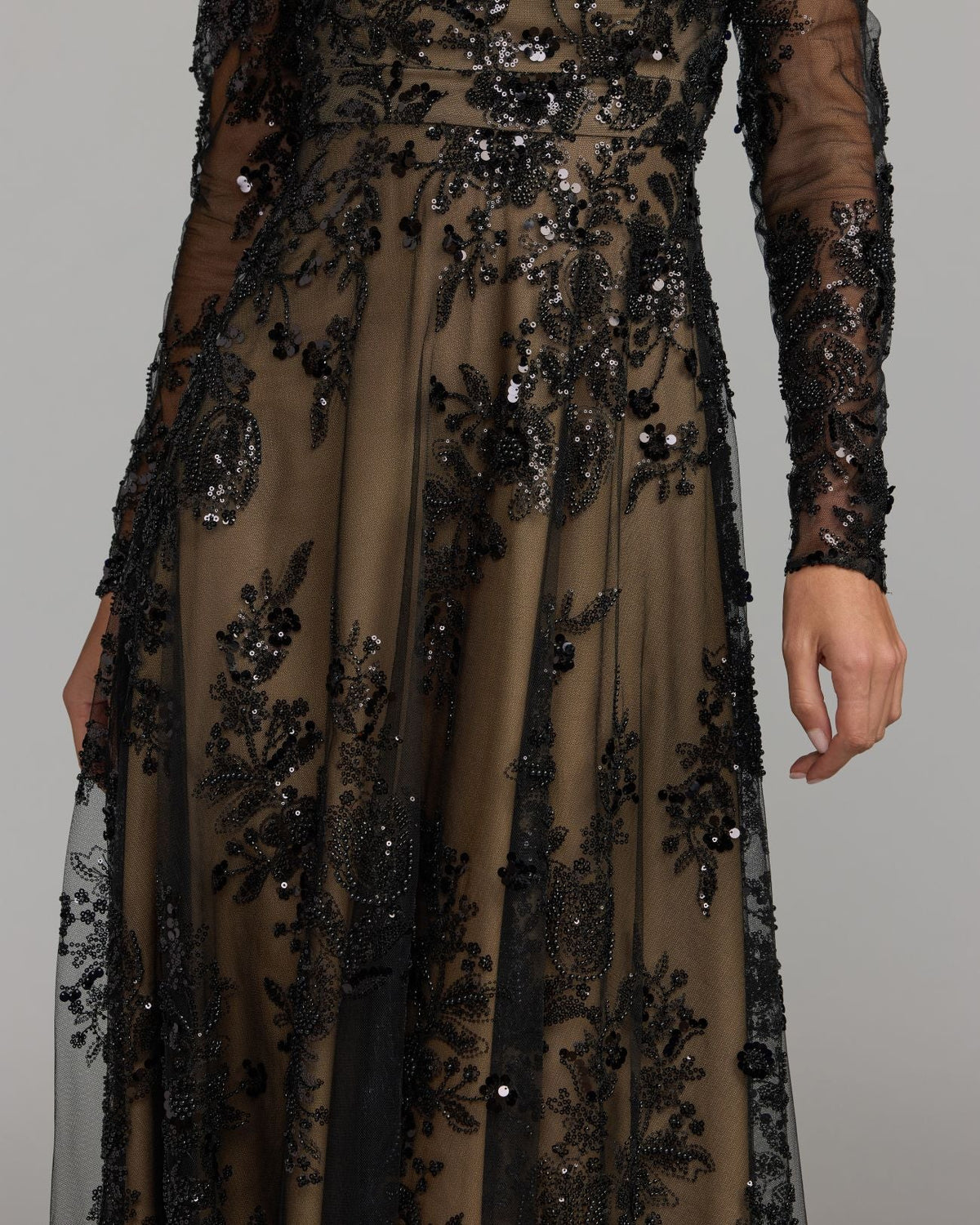 Mac Duggal Black Embroidered Long Sleeve V-Neck Gown