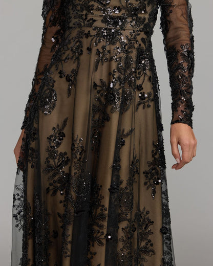 Mac Duggal Black Embroidered Long Sleeve V-Neck Gown