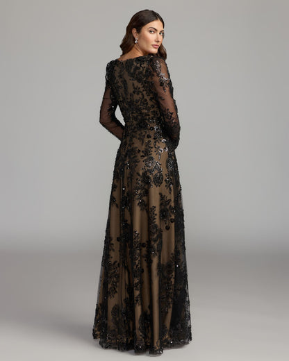 Mac Duggal Black Embroidered Long Sleeve V-Neck Gown