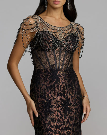 Mac Duggal Black Lace Corset Gown With Draped Beading