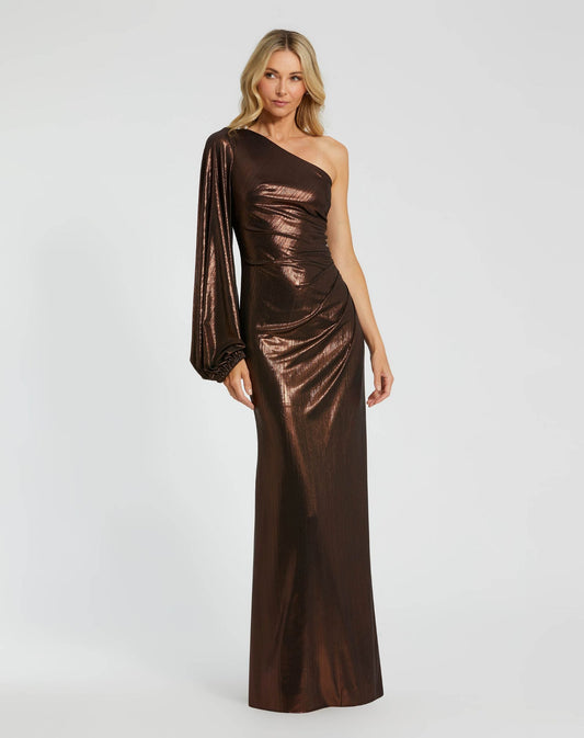 Mac Duggal Brown One Shoulder Long Sleeve Metallic Gown