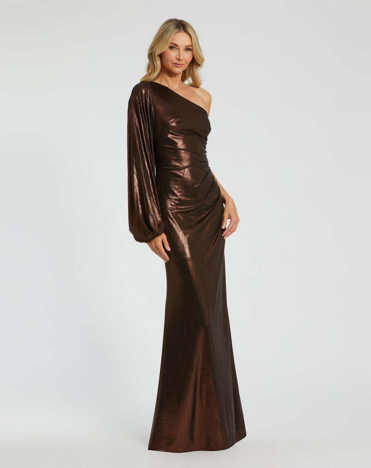 Mac Duggal Brown One Shoulder Long Sleeve Metallic Gown