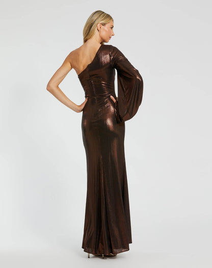 Mac Duggal Brown One Shoulder Long Sleeve Metallic Gown