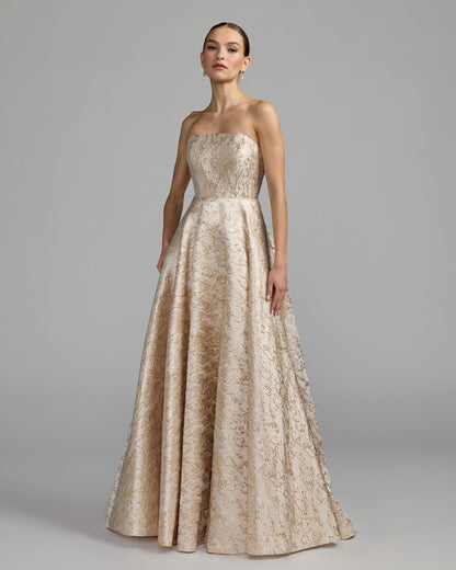 Mac Duggal Champagne Gold Metallic Brocade Ball Gown