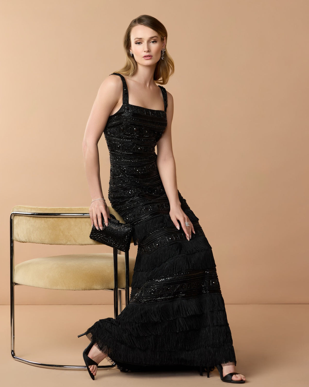 Mac Duggal Black Geometric Embllished Gown With Fringe